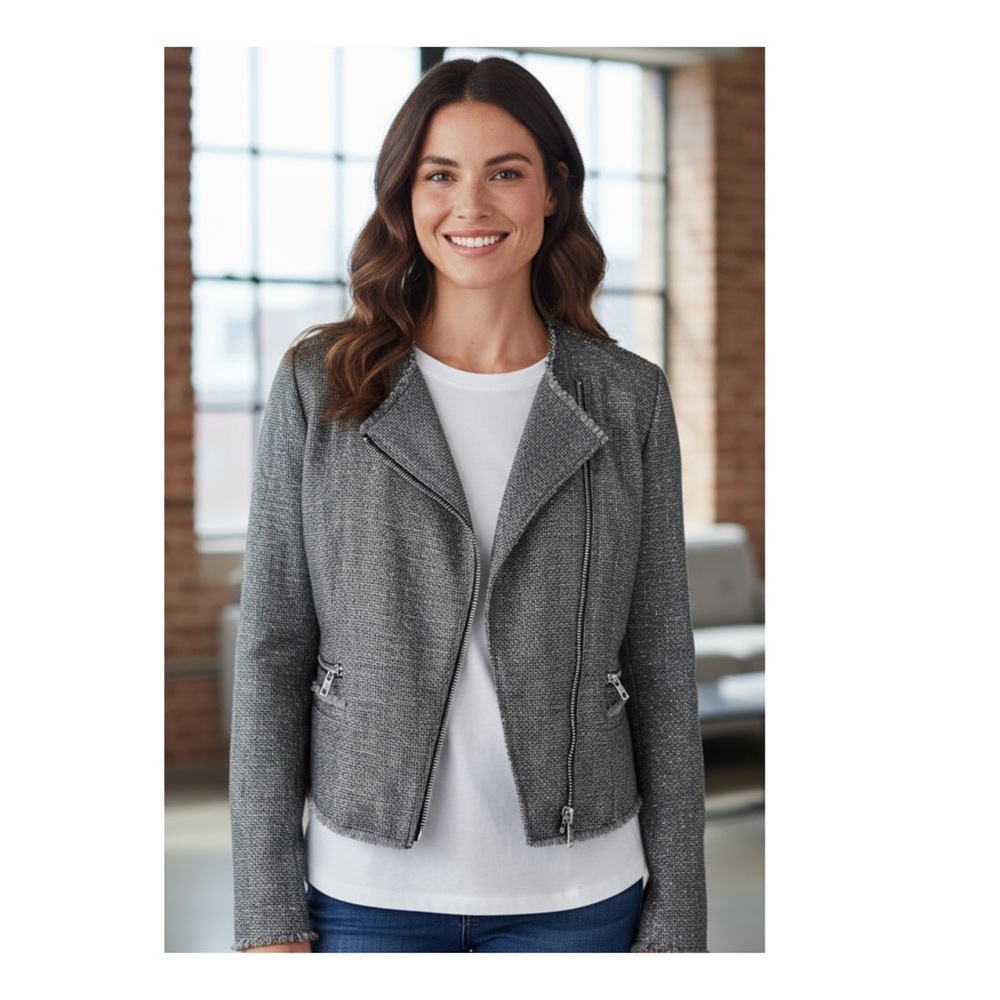 MNG Mango Casual Moto Zip Tweed Jacket Gray Metallic Silver Fringe Size L